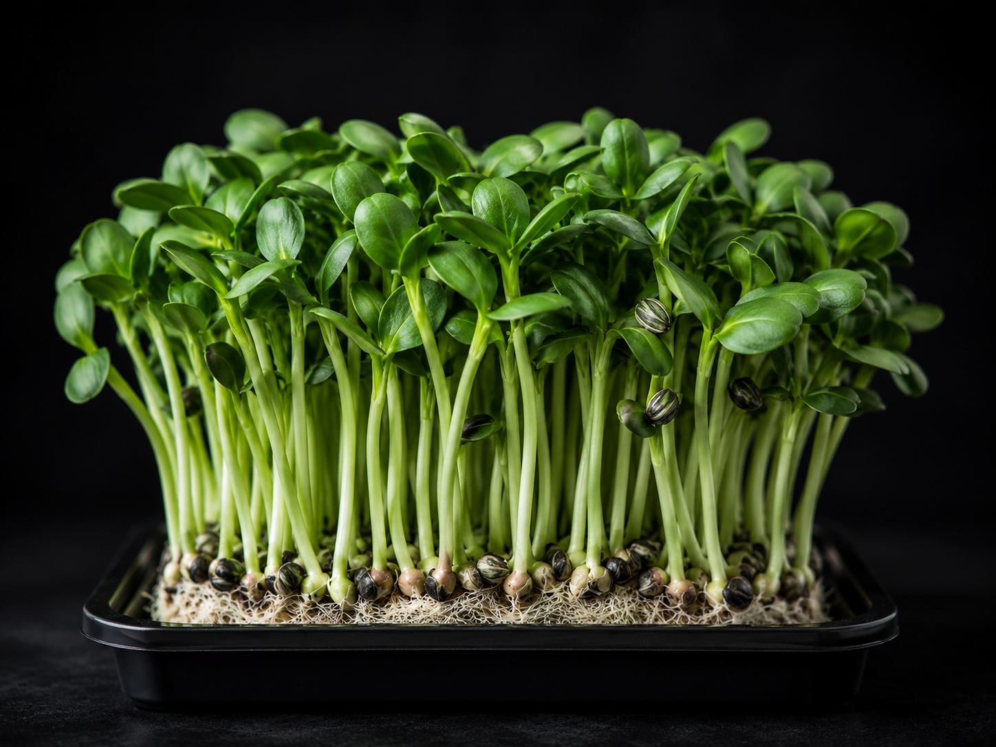Sunflower shoots with broad leaves growing in a tray