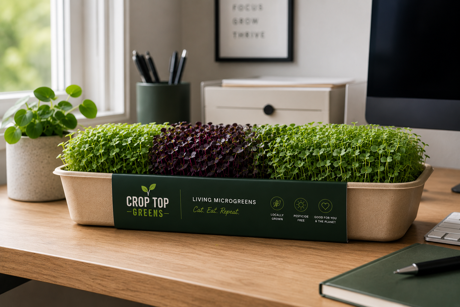 Walnut office tray of living greens