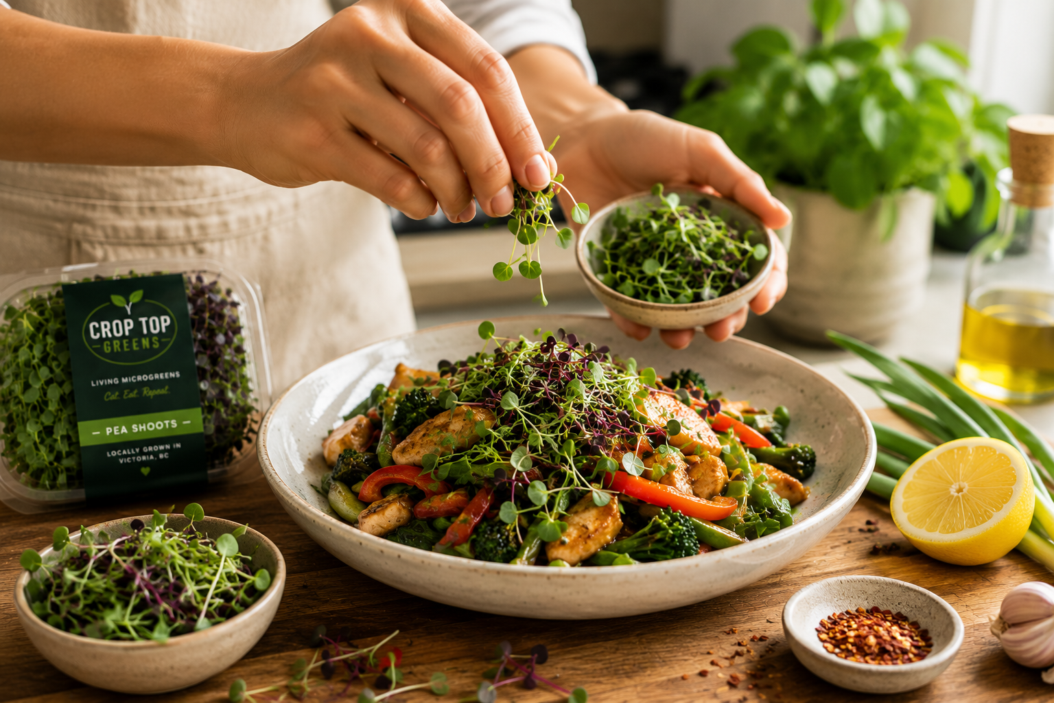 Hands garnishing a vibrant dish with fresh Crop Top Greens microgreens